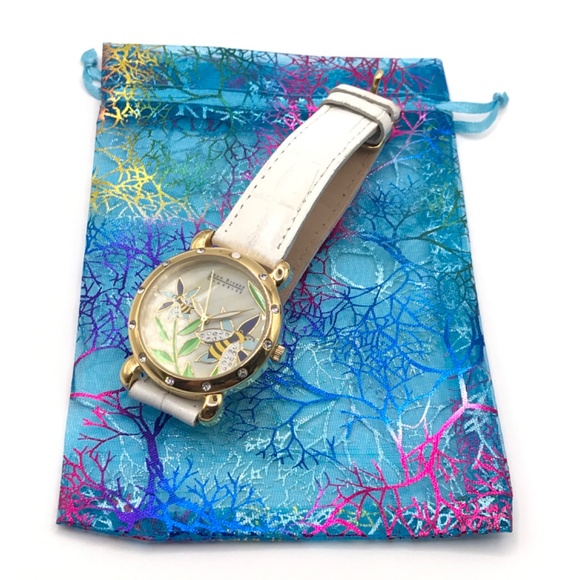 Joan Rivers Watch White Mother of Pearl Crystals Bees Floral Gold Plate Runs - Picture 6 of 13
